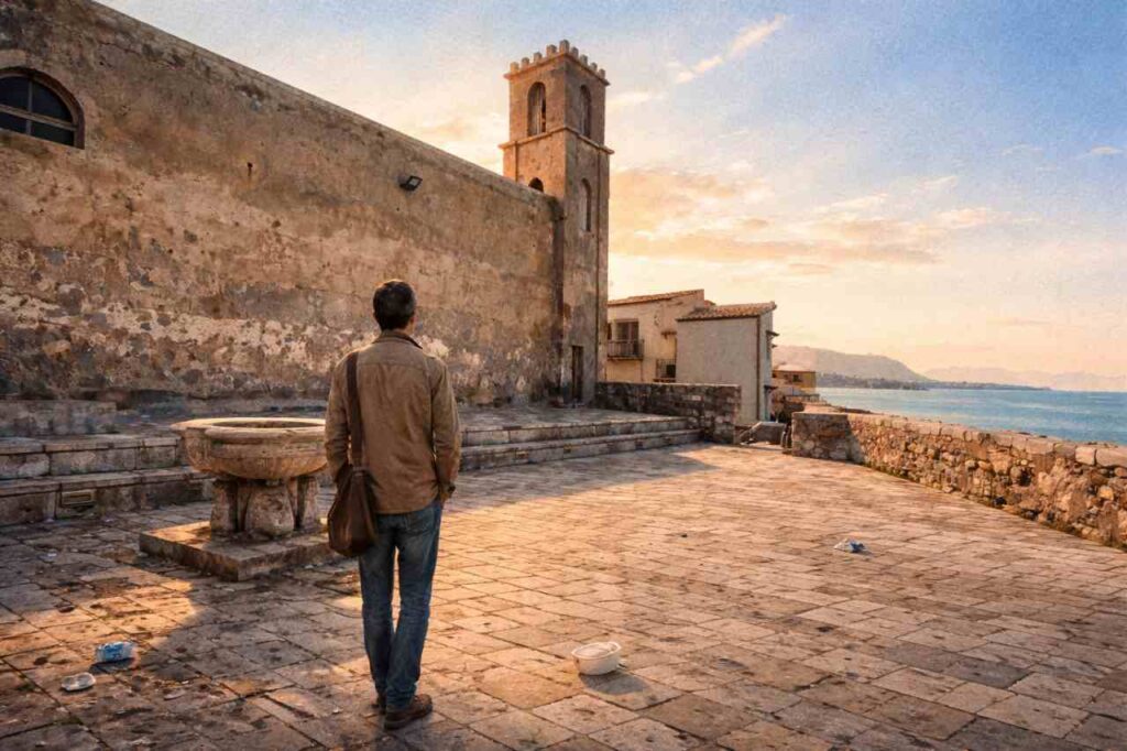 Piazza di Cefalù all’alba, vuota dopo la folla della sera, con una figura solitaria che osserva il mare