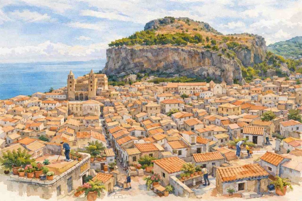 Veduta di Cefalù come paesaggio abitato, simbolo di cura quotidiana del territorio